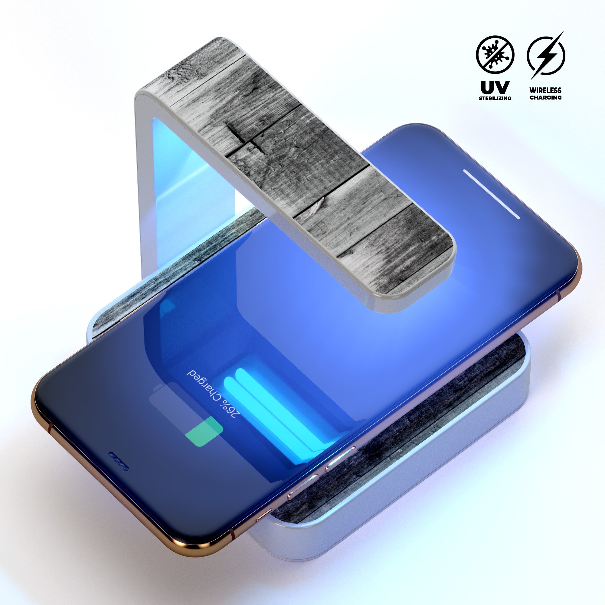 Shades of Gray Vintage Wood UV Germicidal Sanitizing Sterilizing charger with a sleek design, showcasing its wireless charging and sterilizing features.